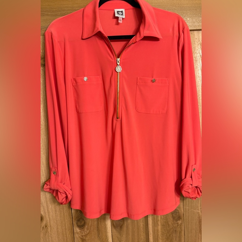Anne Klein Coral Zip-Front Utility Blouse L